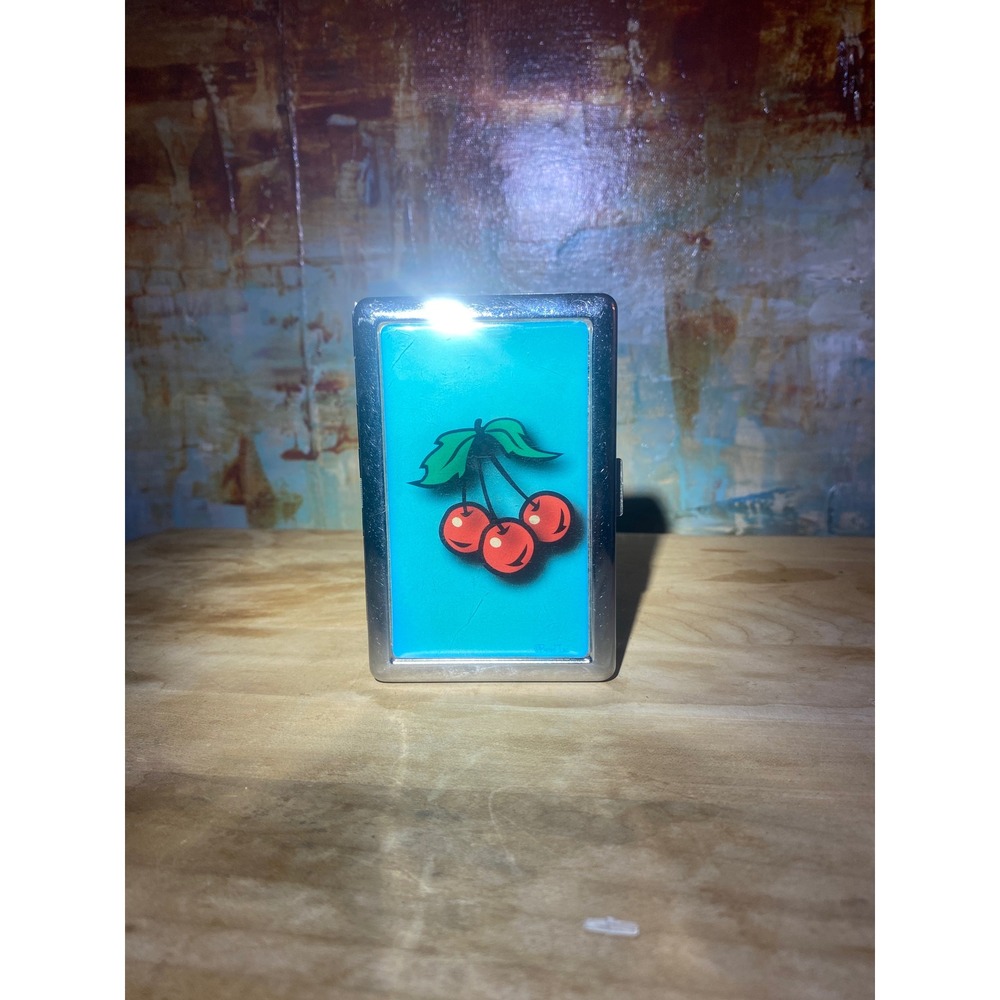 Vintage Metal Cigarette Case Cherry Graphic Blue Silver Tone Card Holder Vans - Picture 2 of 6